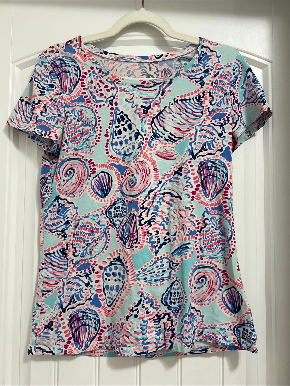 Lilly Pulitzer Aqua, Pink & Navy Shell-Print Short Sleeve Top